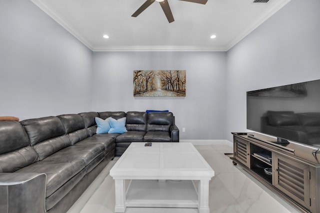 living room with ceiling fan, light tile patterned floors, and crown molding