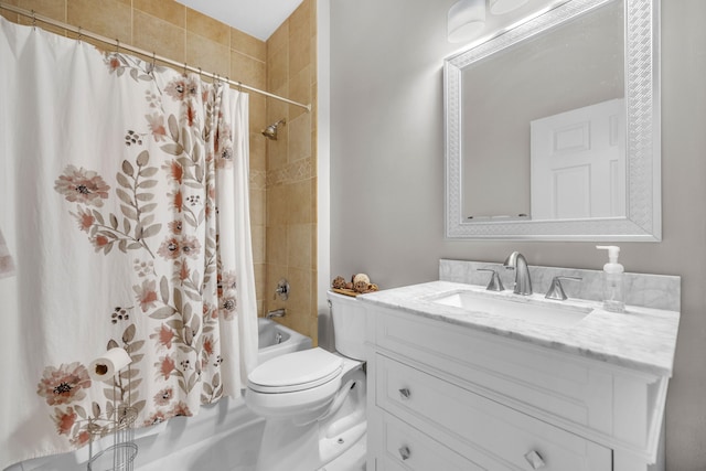 full bathroom featuring vanity, shower / tub combo with curtain, and toilet