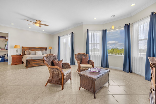 9229 Delemar Ct, Wellington, FL 33414 - bedroom with recessed lighting, light tile patterned floors, a ceiling fan, ornamental molding, and baseboards