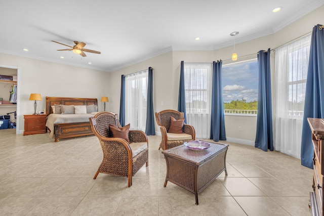 bedroom with ceiling fan, light tile patterned flooring, multiple windows, and ornamental molding