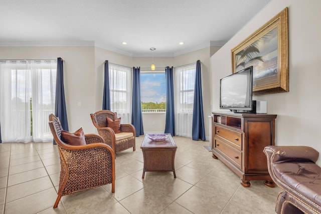 9229 Delemar Ct, Wellington, FL 33414 - living room with light tile patterned flooring, crown molding, and recessed lighting