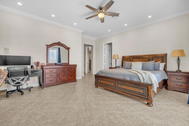 bedroom with ceiling fan, crown molding, and light tile patterned floors