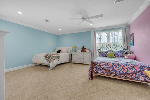 tiled bedroom with ceiling fan and ornamental molding