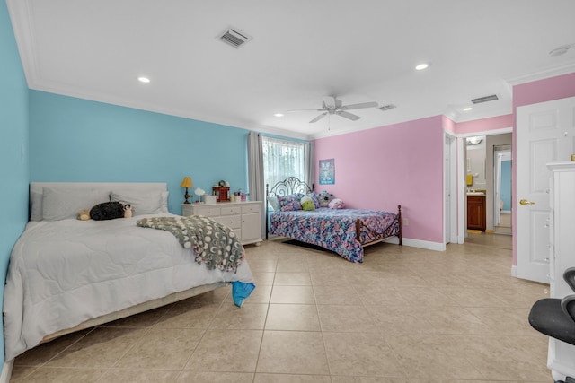 9229 Delemar Ct, Wellington, FL 33414 - bedroom with ornamental molding, recessed lighting, light tile patterned flooring, a ceiling fan, and baseboards