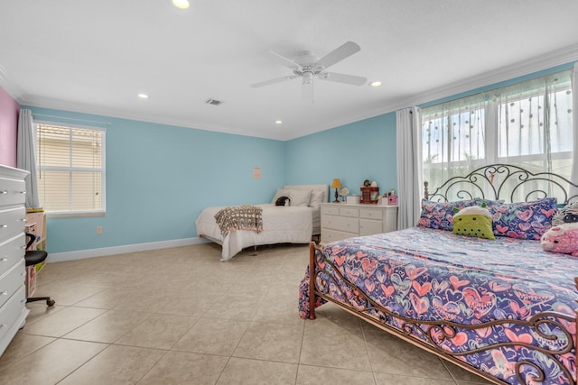 bedroom with ceiling fan, light tile patterned floors, and ornamental molding