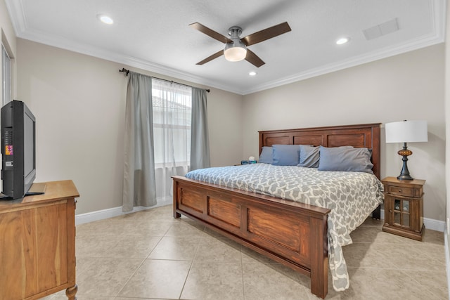 tiled bedroom with ceiling fan and crown molding