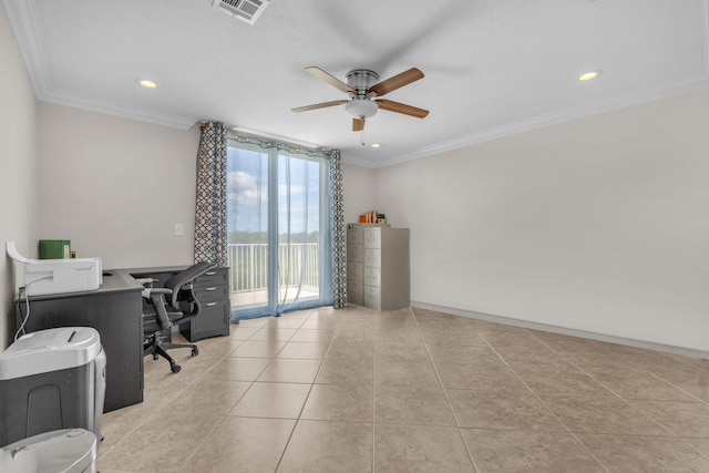 office space featuring ceiling fan, ornamental molding, and light tile patterned floors