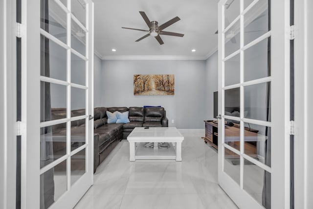 9229 Delemar Ct, Wellington, FL 33414 - living room with ornamental molding, a ceiling fan, marble tiled flooring, french doors, and recessed lighting
