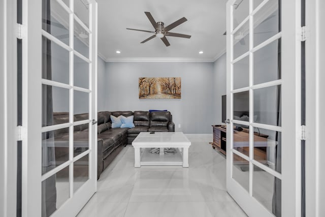 tiled office with ceiling fan, french doors, and ornamental molding