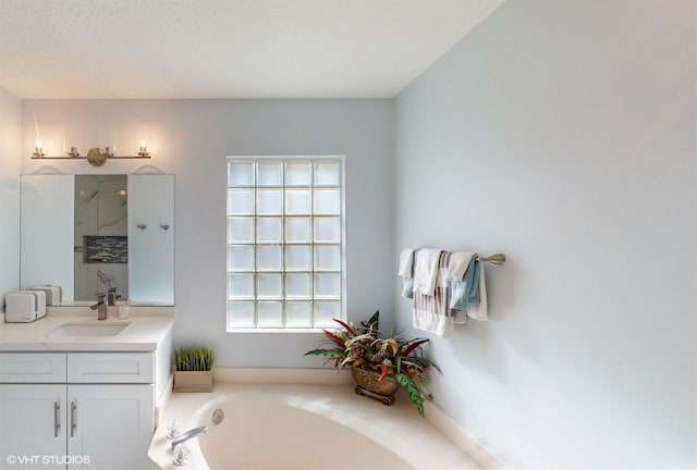 full bath with a shower, a garden tub, and vanity