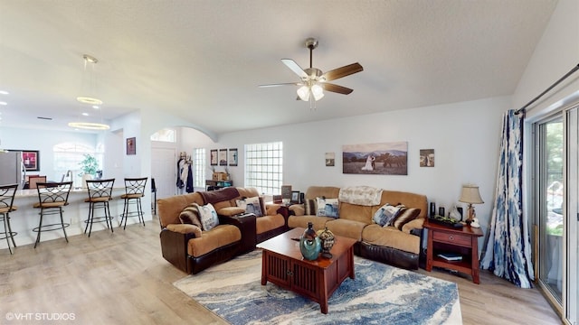 living room with light wood-style floors, plenty of natural light, and arched walkways