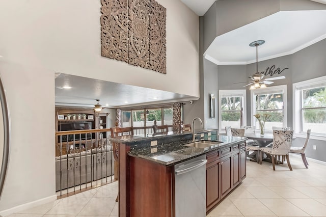 kitchen featuring ceiling fan, stainless steel dishwasher, sink, and plenty of natural light