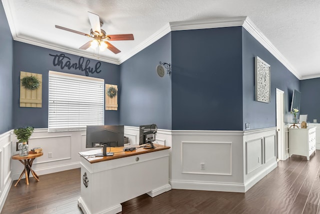 office area with ceiling fan, dark wood-type flooring, ornamental molding, and a textured ceiling