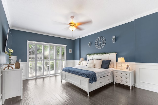 bedroom with ceiling fan, access to outside, dark wood-type flooring, and ornamental molding