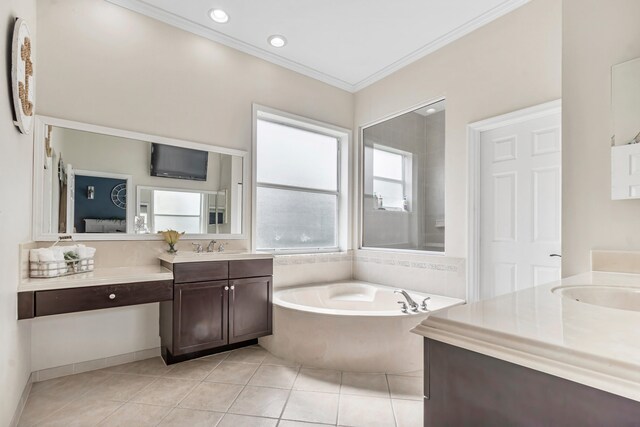 bathroom with tile patterned flooring, a washtub, ornamental molding, and dual bowl vanity