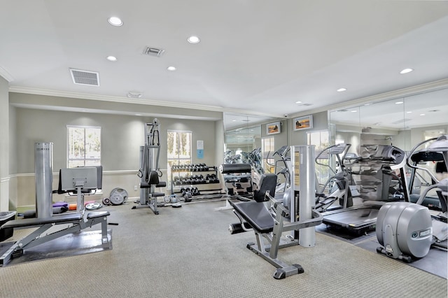 workout area with crown molding