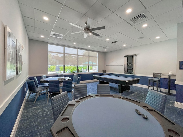 playroom featuring pool table, a paneled ceiling, ceiling fan, and carpet floors