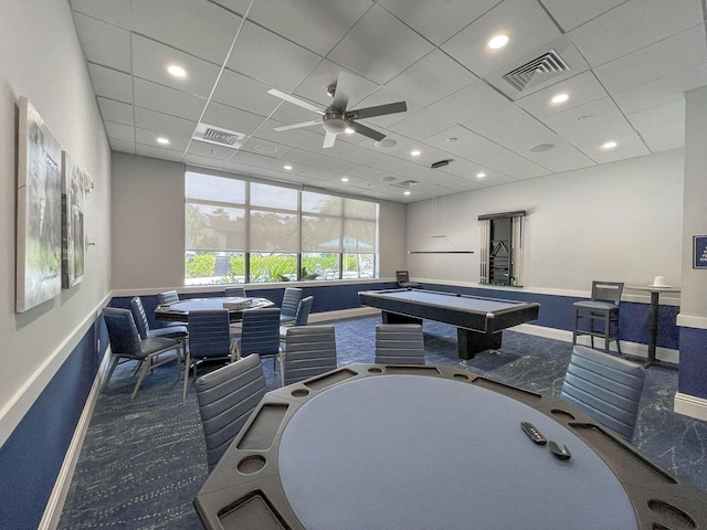 game room with baseboards, ceiling fan, pool table, and carpet floors