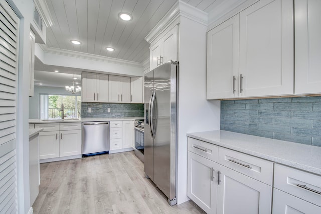 kitchen featuring stainless steel appliances, white cabinets, light wood-type flooring, tasteful backsplash, and ornamental molding