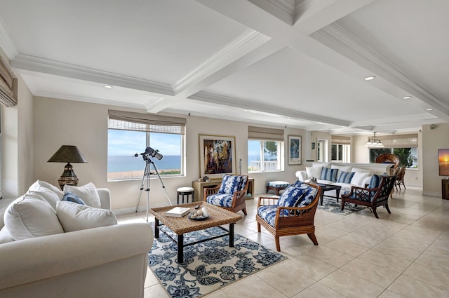 tiled living room featuring crown molding, beamed ceiling, and coffered ceiling