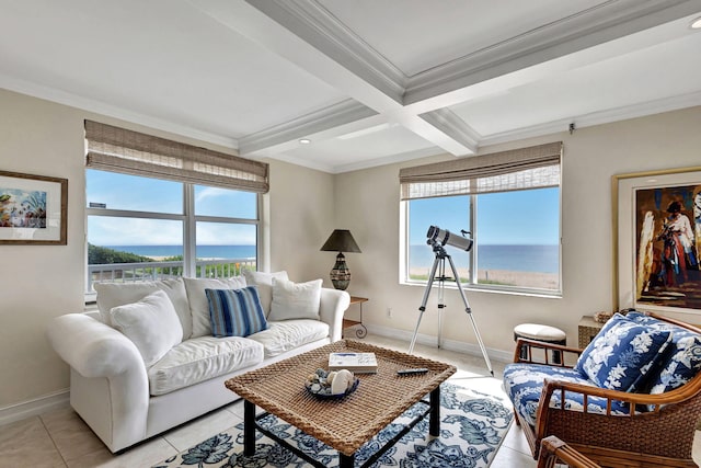 tiled living room with a water view, a wealth of natural light, crown molding, and beamed ceiling