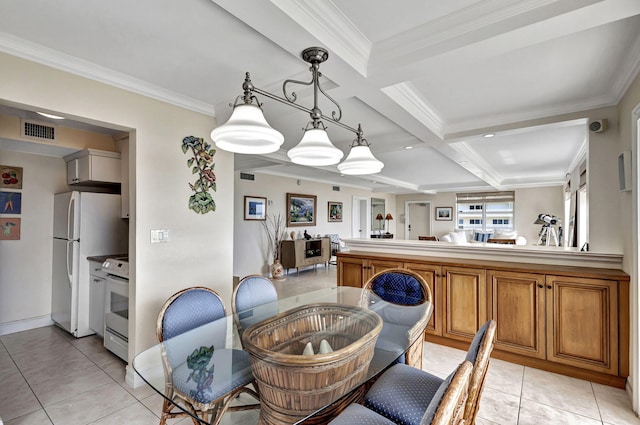 dining room featuring coffered ceiling, light tile patterned floors, beam ceiling, and ornamental molding