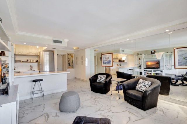 living room with crown molding