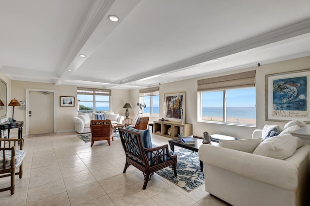 tiled living room featuring a water view, beam ceiling, and ornamental molding