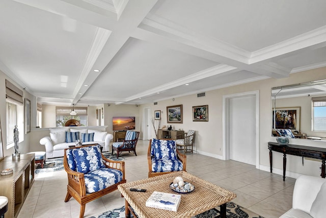 tiled living room with crown molding, beamed ceiling, and a healthy amount of sunlight