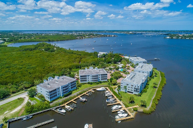 drone / aerial view with a water view