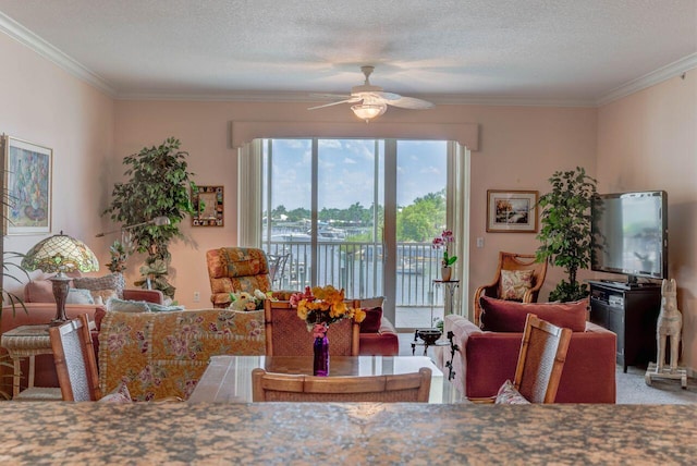 carpeted living room featuring ceiling fan, crown molding, and a textured ceiling