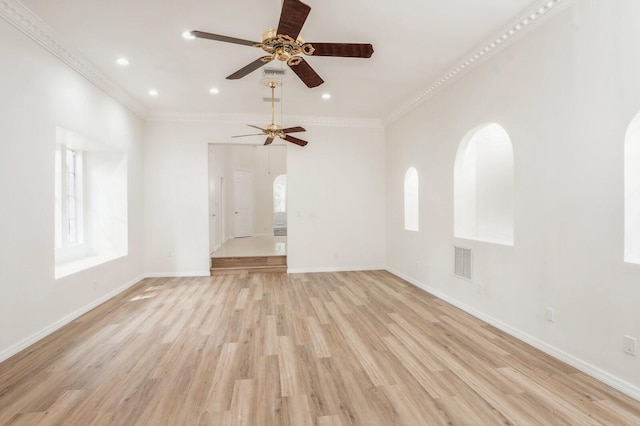 unfurnished living room featuring crown molding, light hardwood / wood-style flooring, and ceiling fan