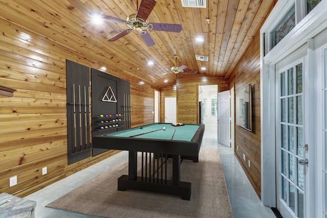 playroom with billiards, ceiling fan, wooden walls, and wood ceiling