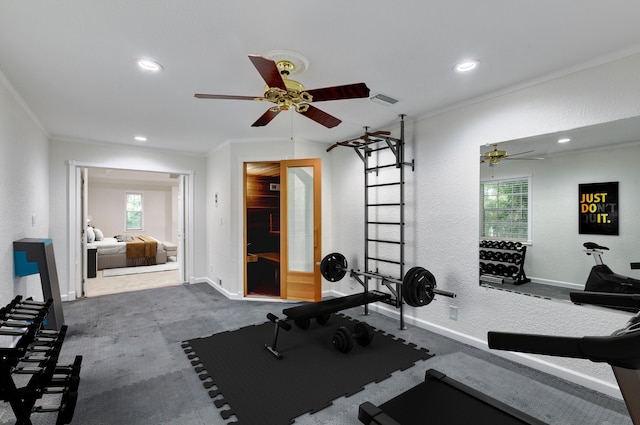 workout area featuring ceiling fan, a wealth of natural light, and crown molding