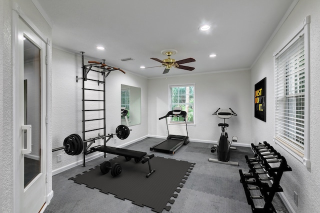 workout room with ceiling fan and ornamental molding