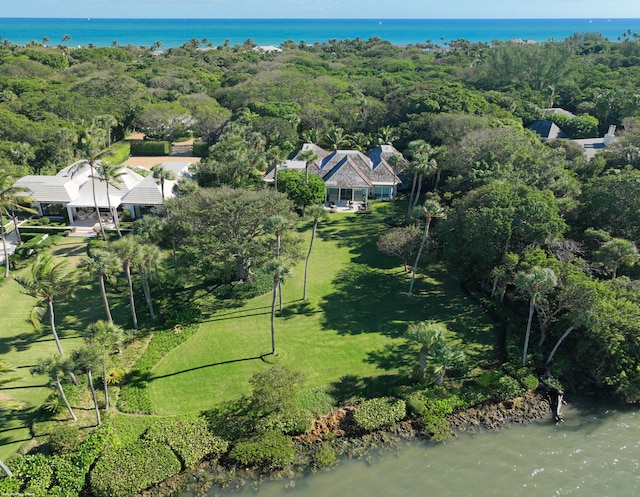 aerial view featuring a water view