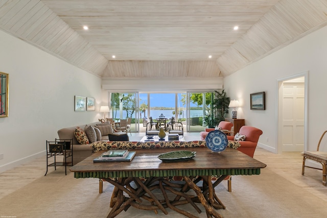 living room with wooden ceiling and lofted ceiling