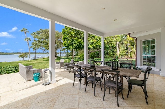 view of patio / terrace featuring a water view