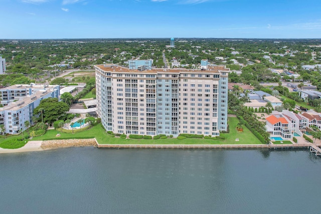 bird's eye view with a water view