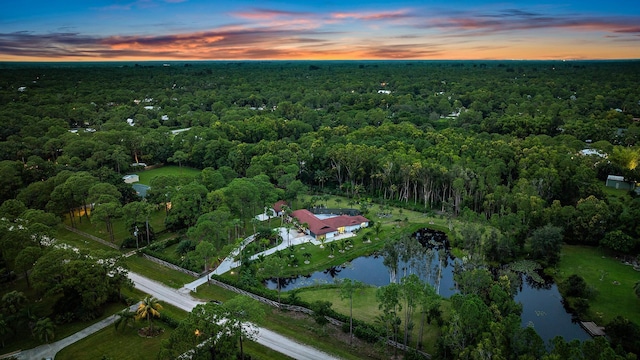 aerial view at dusk with a water view