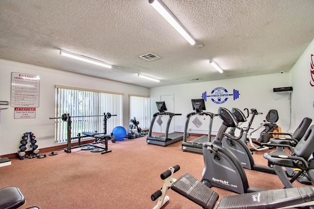 gym with a textured ceiling and carpet floors