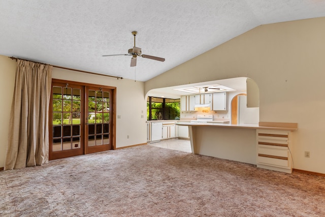 unfurnished living room featuring vaulted ceiling, a healthy amount of sunlight, and light carpet