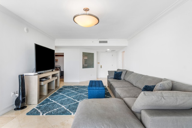 living room featuring ornamental molding and light tile patterned flooring