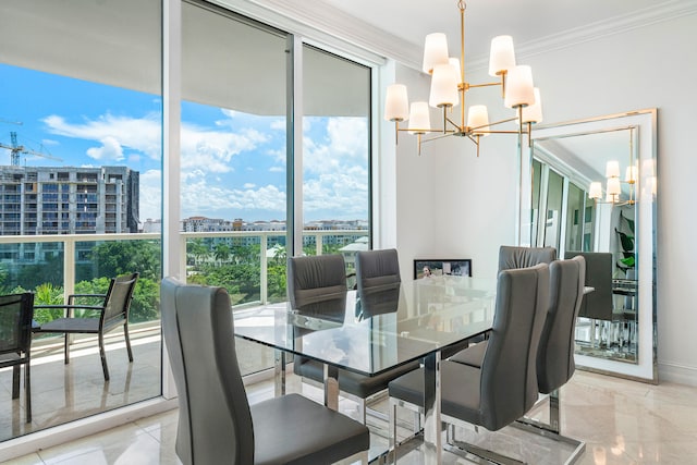 tiled dining space with a notable chandelier and crown molding