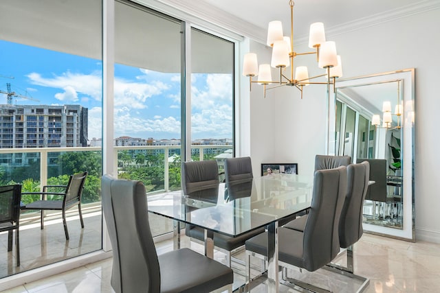 dining space featuring a chandelier, a wall of windows, a city view, and ornamental molding