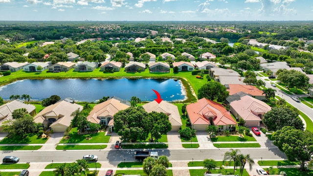 drone / aerial view featuring a water view