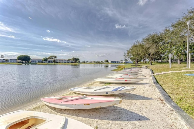 surrounding community featuring a water view and a yard