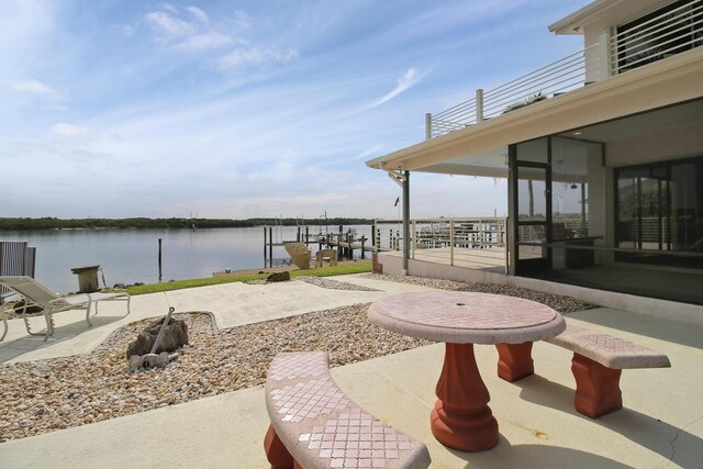 view of patio featuring a boat dock and a water view