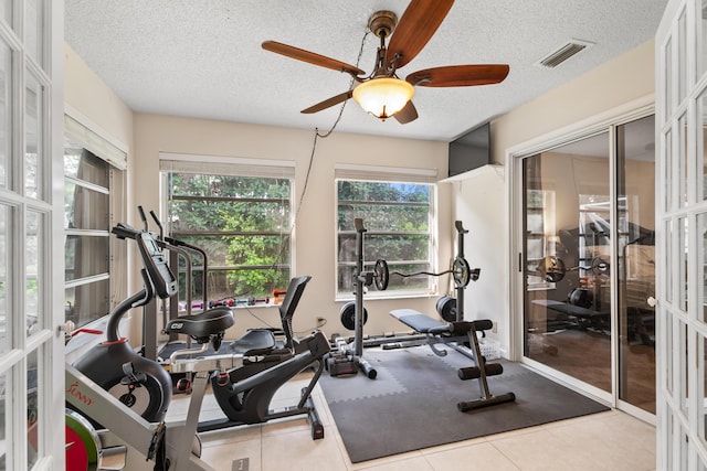 exercise area featuring ceiling fan, a wealth of natural light, french doors, and a textured ceiling