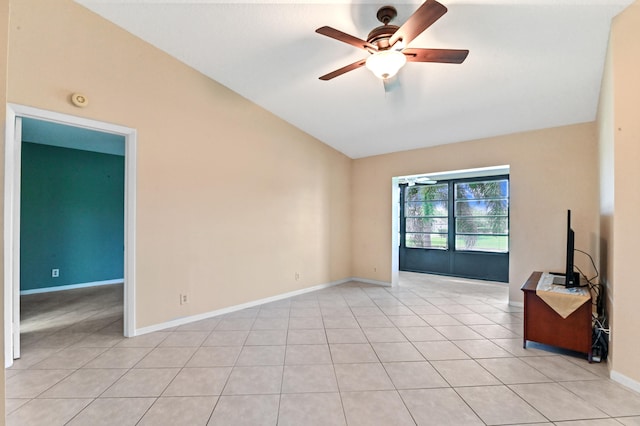 unfurnished living room with lofted ceiling, light tile patterned floors, and ceiling fan